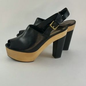 Coach Petrina leather and wood platform peep toe heels sz 10B